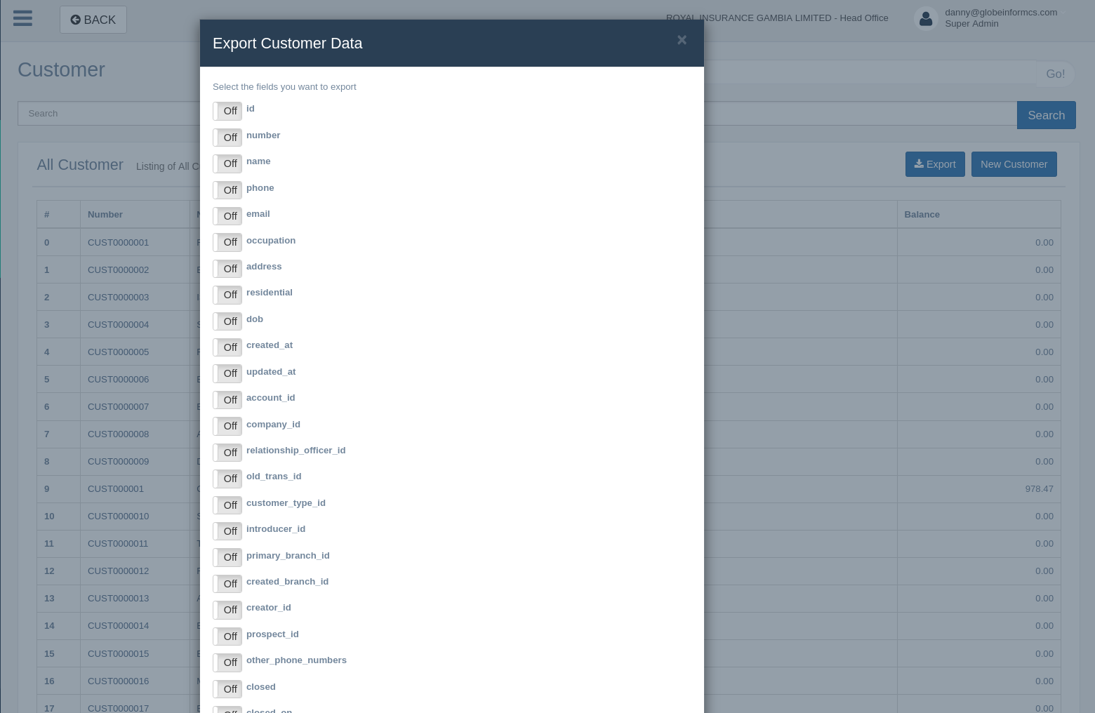 Export Field Selection Dialog