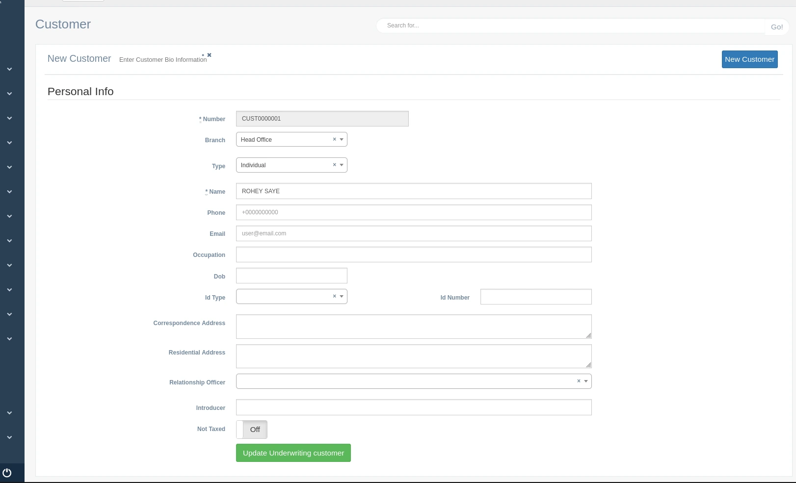 Edit Customer Interface for Royal Insurance Gambia Limited