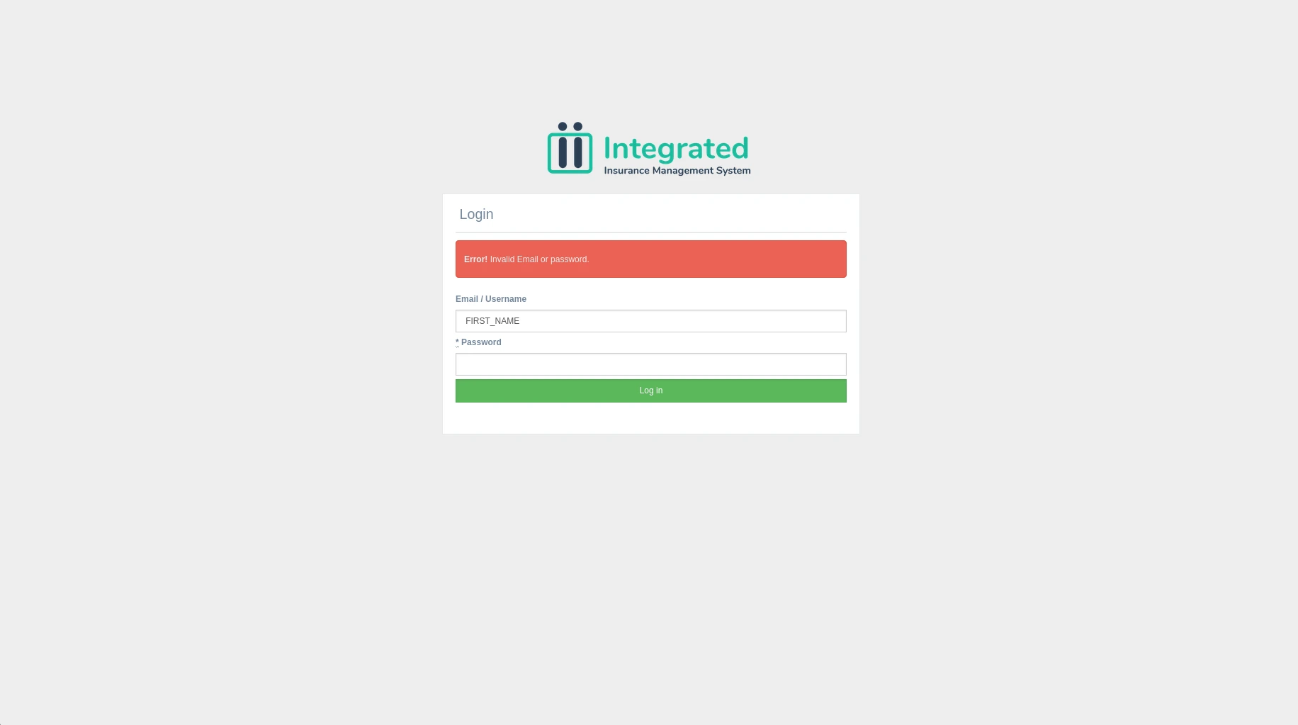 Error Login Interface Screenshot