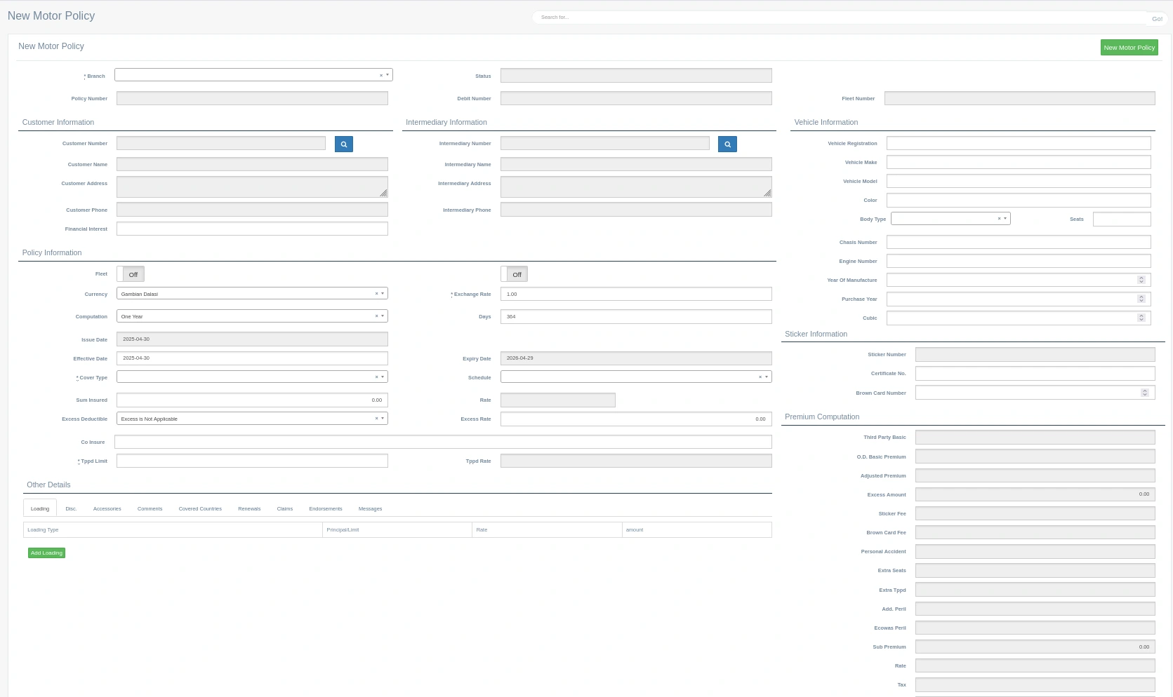 New Motor Policy Form Interface