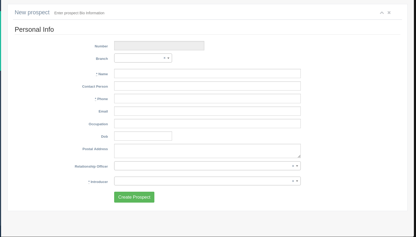 Prospect Creation Form for the Integrated Insurance Management System